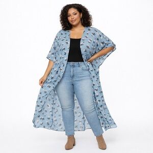 Torrid Blue W/ Black & Ivory Floral Chiffon Kimono Duster Cover-Up Size 4X/5X